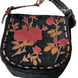 Isabella Fiore Suede Leather Black and Red Floral Women's Bag